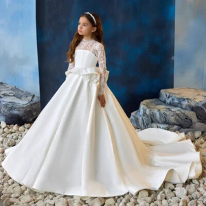 High Neck Flower Girls Dresses Long Sleeve Appliques Buttons Back Birthday Gowns - Picture 1 of 11