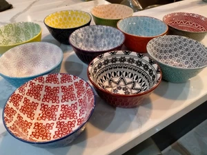 Set of 10 Moroccan Arabian Bohemian Medium Bowls Handmade Colourful Stoneware