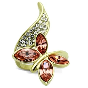Anillo ligero de cristal melocotón mariposa chapado en oro acero inoxidable TK316 - Imagen 1 de 21