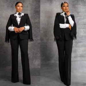 Black Plus Size Women's Suits with Lace Formal Lady Office Work Wear Coat Pant - Picture 1 of 8