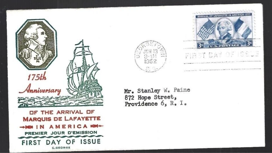 MARQUIS DE LAFAYETTE ARRIVES IN AMERICA PREMIUM THERMOGRAPHIC C GEORGE CACHT FDC - Image 1 of 1