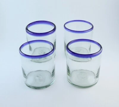 Mexican Hand Blown Rock Glasses, Tumblers - Cobalt Blue Rim (Set Of 4) - Image 1 of 4