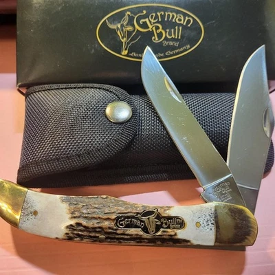 German Bull Hunter Folding 2 Blade Pocket Knife Handmade GB-069DS w/ sheath NIB - Image 1 of 4