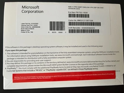 Win 11 Pro 64-Bit English 1PK DSP OEI DVD Version 23H2 - BRAND NEW & SEALED - Image 1 of 3