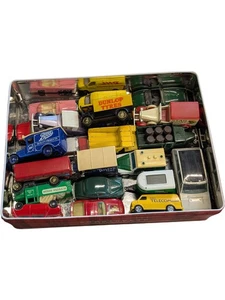 Assorted Diecast Model Cars Trucks and Vans Collection in Tin Box - Picture 1 of 2