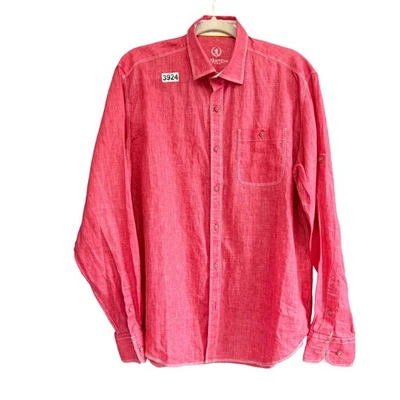 Bugatchi Uomo Men’s Button Down Shirt 100% Linen Collared Long Sleeve Pink - Image 1 of 4