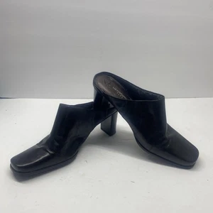 Liz Claiborne Flex Mules Heels Slides Black Leather Fabric Dress Shoes Size 9M - Foto 1 di 16