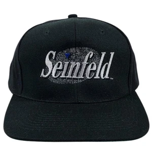 Vintage Seinfeld Hat Cap Snap Back Black Embroidered TV Show Comedy Mens 90s - Picture 1 of 4