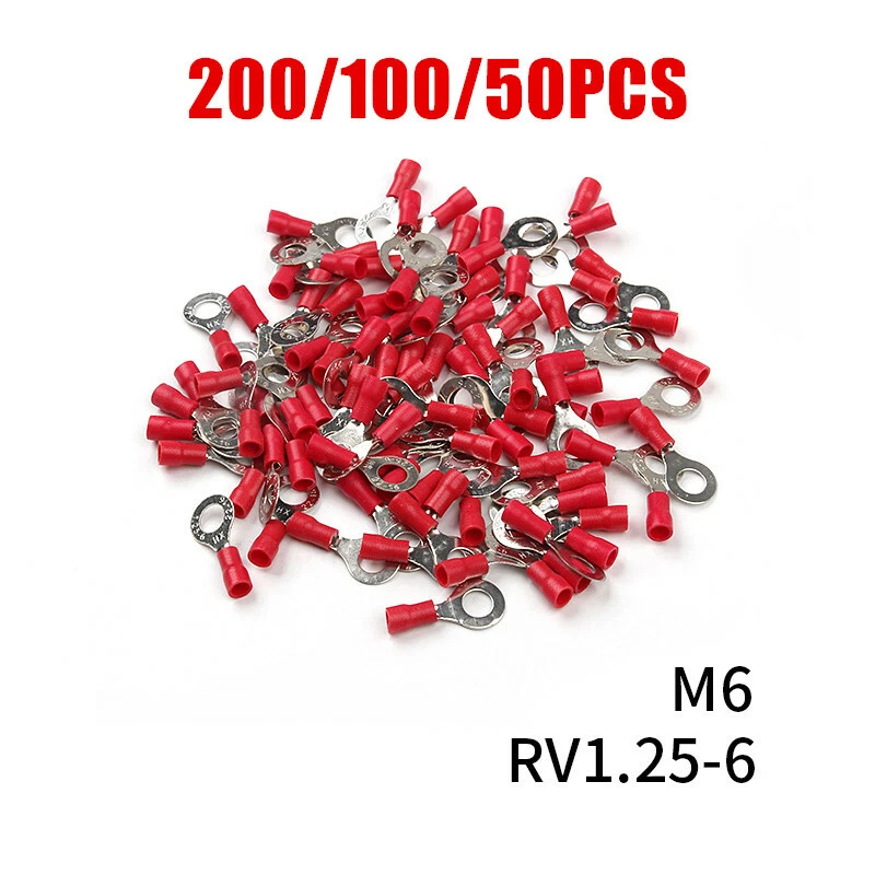 200-50Pcs RV1.25-6 Ring Insulated Wire Connector Electrical Crimp Terminal Red - Image 1 of 4