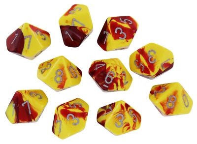 Chessex Gemini Red-Yellow w/Silver Set of Ten d10 Dice - Image 1 of 2