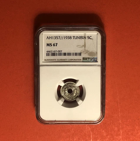 TUNISIA- 1938(AH 1357)-UNC 5 CENTIMES,GRADED BY NGC MS67 Cover