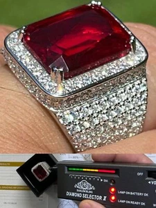 Moissanite Mens Iced Flooded Out Real 925 Sterling Silver Red Stone Hip Hop Ring - Picture 1 of 24