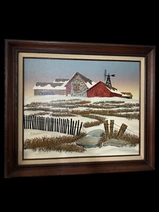 Vintage H Hargrove signiert Ölgemälde 20x24 Scheune Schnee Windmühle - Bild 1 von 7