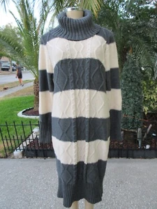Pink Rose 2X Turtleneck Sweater Dress Cable Knit Stripe Gray Cream Long Sleeve - Picture 1 of 11