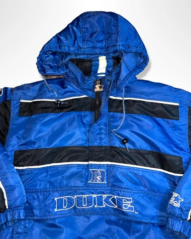 VINTAGE 1990's DUKE BLUE DEVILS STARTER HOODED PUFFER JACKET LARGE BLUE RARE Cover