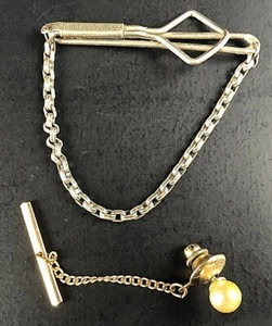 Vintage Swank Tie Clip Tack w Chain Faux Pearl Mens Suit Jewelry Lot 1960s 1970s - Picture 1 of 9