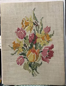 Finished Cross Stitch Spring Flower Bouquet Tulips Daffodils 9 X 12” Unframed - Picture 1 of 6