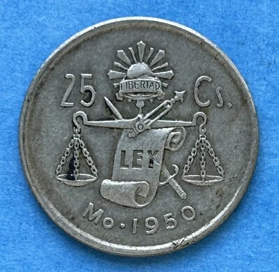 Moneda de plata de 25 centavos de México 1950 Foto 1 de 2