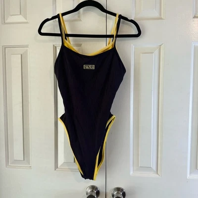 Traje de baño Nautica de una pieza para mujer talla 12 azul marino con ribete amarillo logotipo retro Foto 1 de 4