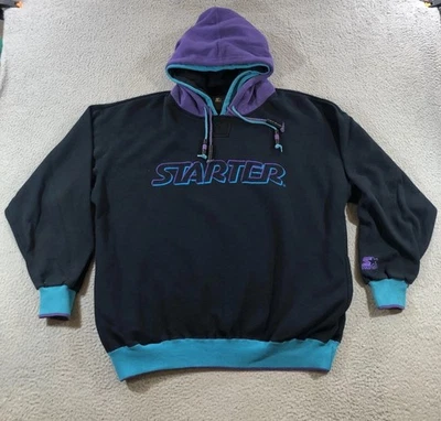 Vintage Starter Hoodie Mens XL Black Purple Hooded Pullover Embroidered 90s - Image 1 of 4