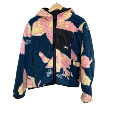 Куртка с капюшоном Stussy цветочный узор шерпа темно-бирюзовый мужская маленькая - Изображение 1 из 4
