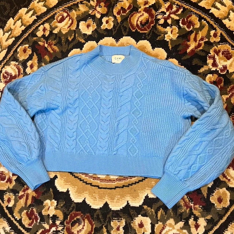 Suéter Cami nyc 100 % lana recortado bebé azul para mujer tejido con cable talla pequeña Foto 1 de 4