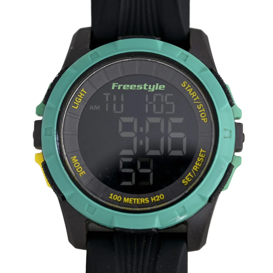 Freestyle 数字运动手表黑色蓝绿色表圈 100 米 WR 橡胶表带功能 — 第 1/4 张图片