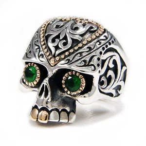 EMERALD GREEN CZ EYES SUGAR SKULL 925 STERLING SILVER ROCKER BIKER RING jo-r012 - Picture 1 of 6
