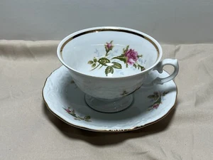 One (1) Cup and Saucer Walbrzych Fine China Made in Poland Moss Rose Gold Trim - Picture 1 of 4