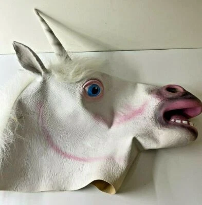 Adult Size White Unicorn Laytex Full Head fancy Dress Mask with Faux Fur Mane  - Image 1 of 4