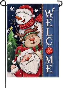 Welcome Christmas Santa Claus Deer Snowman Small Decorative Garden Flag, Xmas Tr - Picture 1 of 7