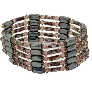 Magnetic Hematite Wrap Bracelet Purple with Pink Faceted Glass Accents Enamel - Picture 1 of 4