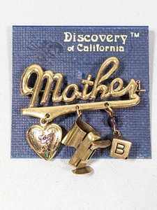 Discovery of California Mother Heart Locket Baby Charm Gold Tone Pin Brooch - Picture 1 of 10
