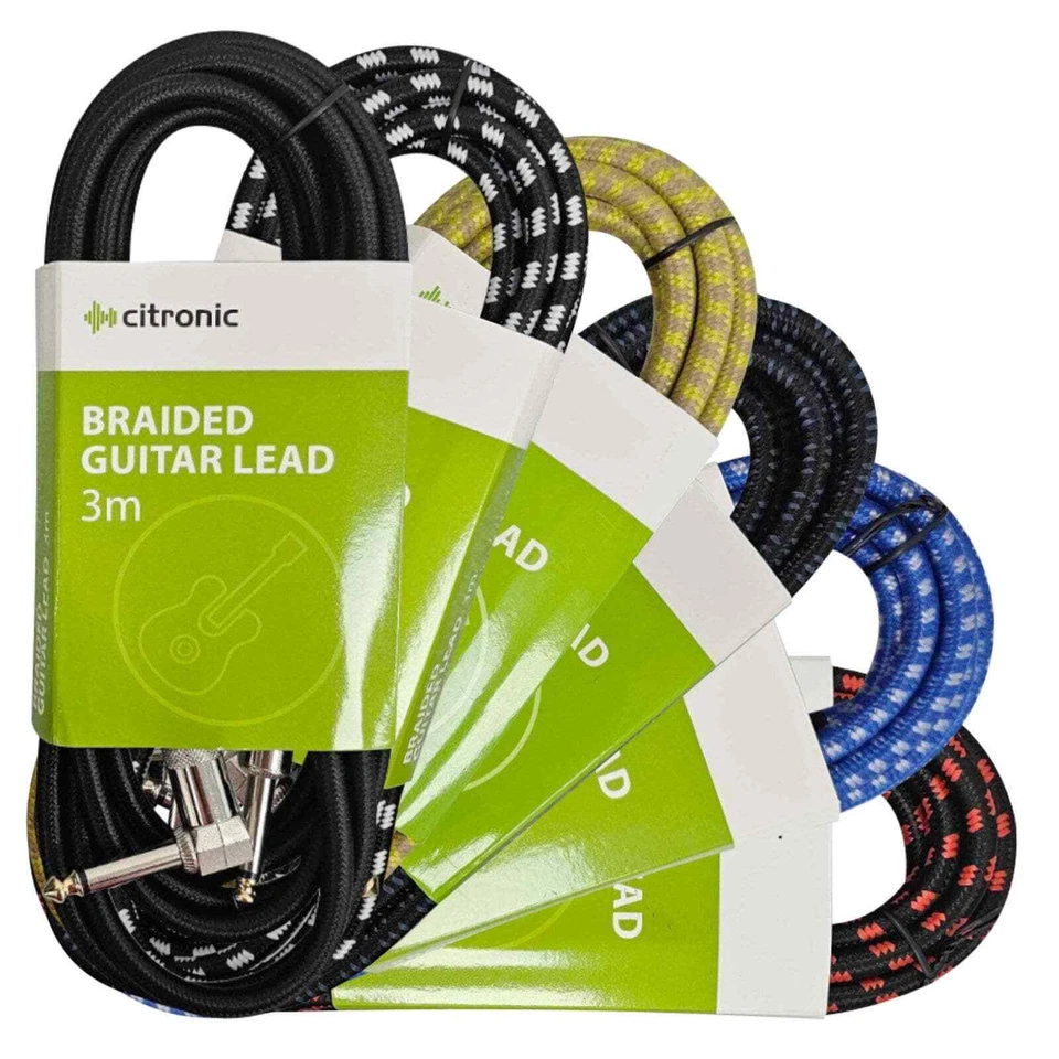 CITRONIC 6.3mm Right Angled Mono Jack to Jack Cable Low Noise Shielded Guitar Lead 3m