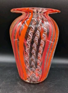 Splendido vaso in vetro artistico soffiato arancione, canne a nastro, firmato Lotus 2012 - Foto 1 di 12
