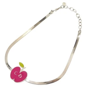 Christian Dior Choker Necklace Logo Apple Motif Pink Silver Women R1575 - Picture 1 of 12