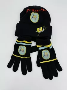 Spongebob Squarepants Cappello Guanto Set 2pz Ragazzi Maglia Freddo Nero Nuovo - Foto 1 di 2