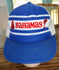 BAHAMAS Hat TRUCKER  Blue White Mesh SnapBack Cap Vtg Spell Out Boat Palm Tree