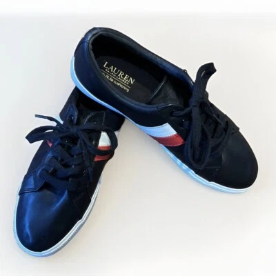 Zapato de tenis Ralph Lauren Janson de cuero - negro con rayas rojas y blancas 11 B Foto 1 de 4