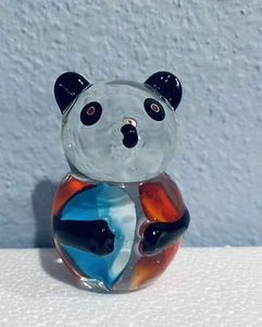 Statuina orso panda vetro soffiato vintage occhio di gatto blu rosso ~3" vetro artistico - Foto 1 di 9