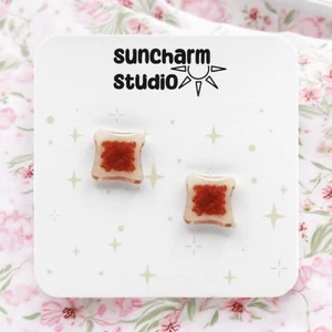 Toast and Jam Earrings, Jelly on Sliced Bread Studs, Tiny Breakfast Food Jewelry - Picture 1 of 8