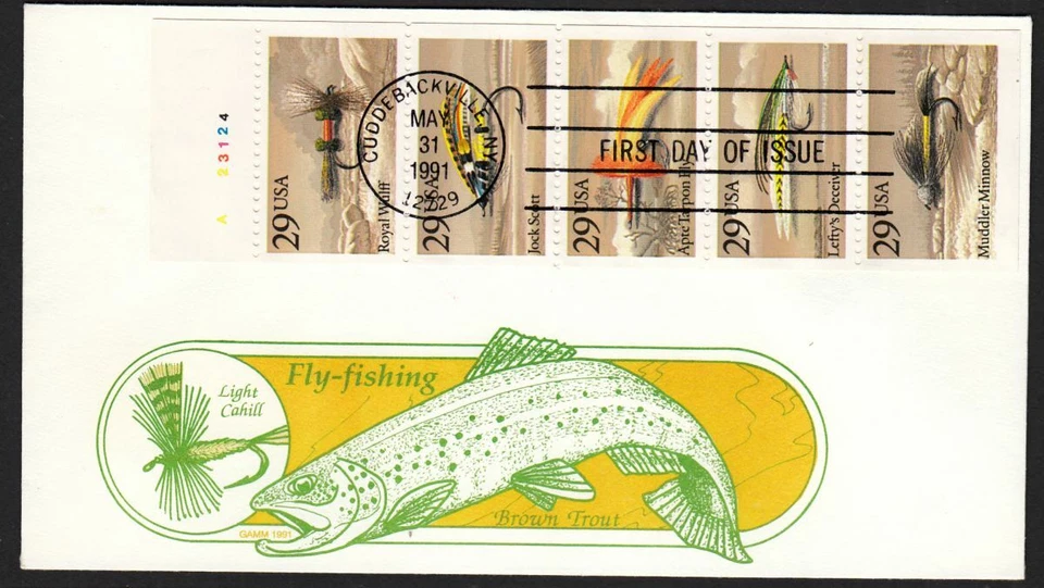 1991 Fishing Flies Sc 2549a booklet pane GAMM cachet plate no. 23124 RARE - Image 1 of 1