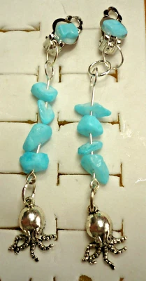 7,5 cm Ohr Clips Octopus Splitt Steine Hänger silber türkis Ohrclips ModeSchmuck - Bild 1 von 2