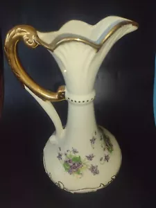 Vintage 1949 (Dated) Ewer Genie Shaped Vase Pitcher Gold Trim Purple Flowers EUC - Picture 1 of 8
