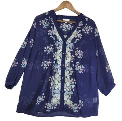 Top túnica Charter Club mujer 1X flores azules cachemira semi transparente plisado oficina Foto 1 de 4