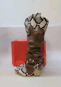 Women's Snake Print Knee High Slouch Cowgirl Heeled Boots US 6.5 Brown (61147) - Picture 1 of 15