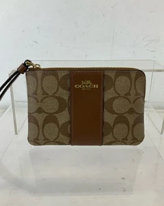 Coach Khaki Brown Signature PVC Coated Canvas Zip Wristlet - Picture 1 of 7