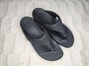 Crocs Women's Capri Black Rinstone Comfort Flip Flop Thong Sandals Size 8 - Picture 1 of 7