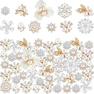 60 Pieces Rhinestone Buttons,Faux Pearl Embellishments Buttons,Flat Back Flower - Picture 1 of 7