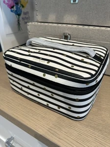 Kate Spade Large Cosmetic Train Case - Black White Stripes Gold Polka Dots - New - Picture 1 of 5